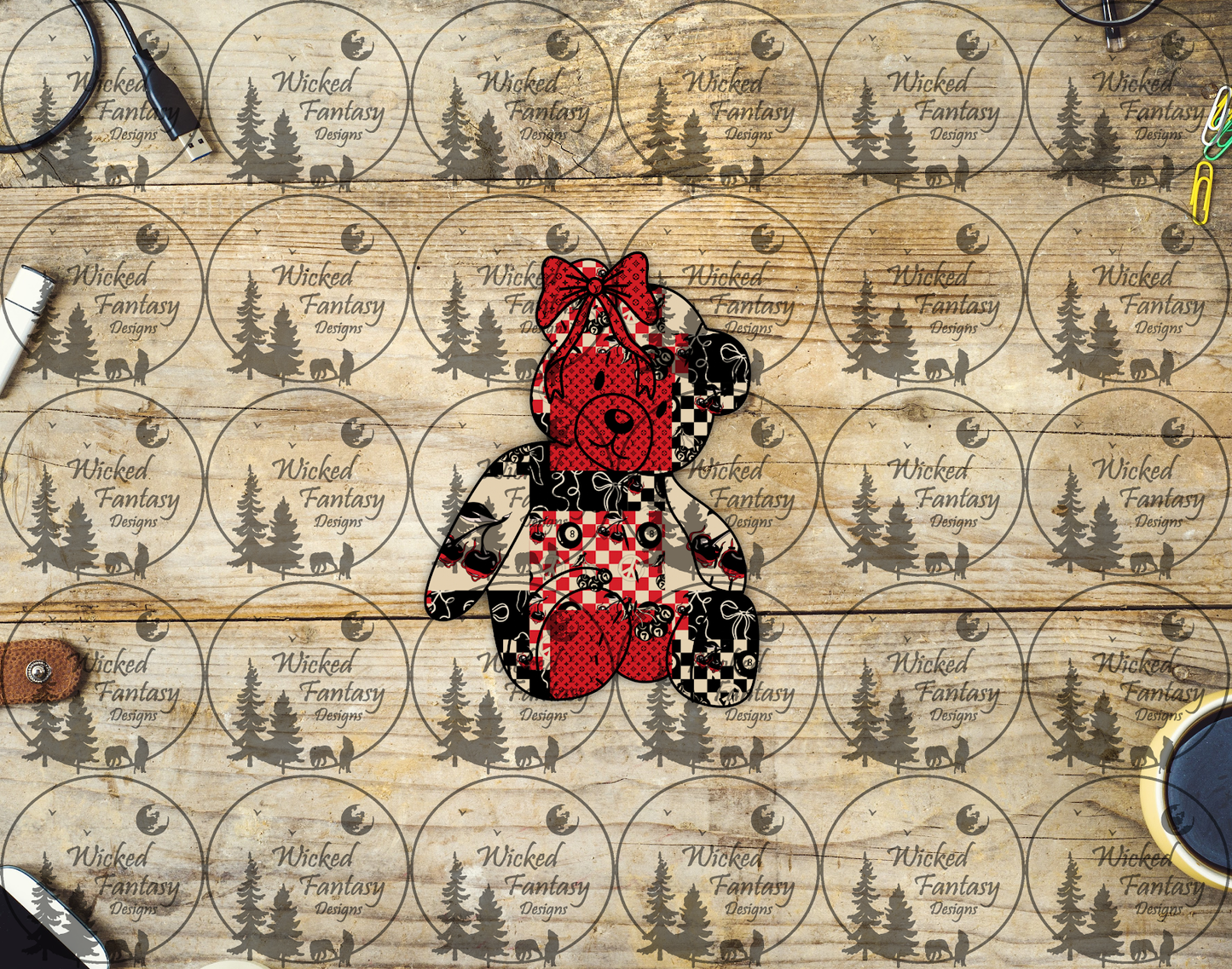 UVDTF Checkered Teddy Bear with Cherries