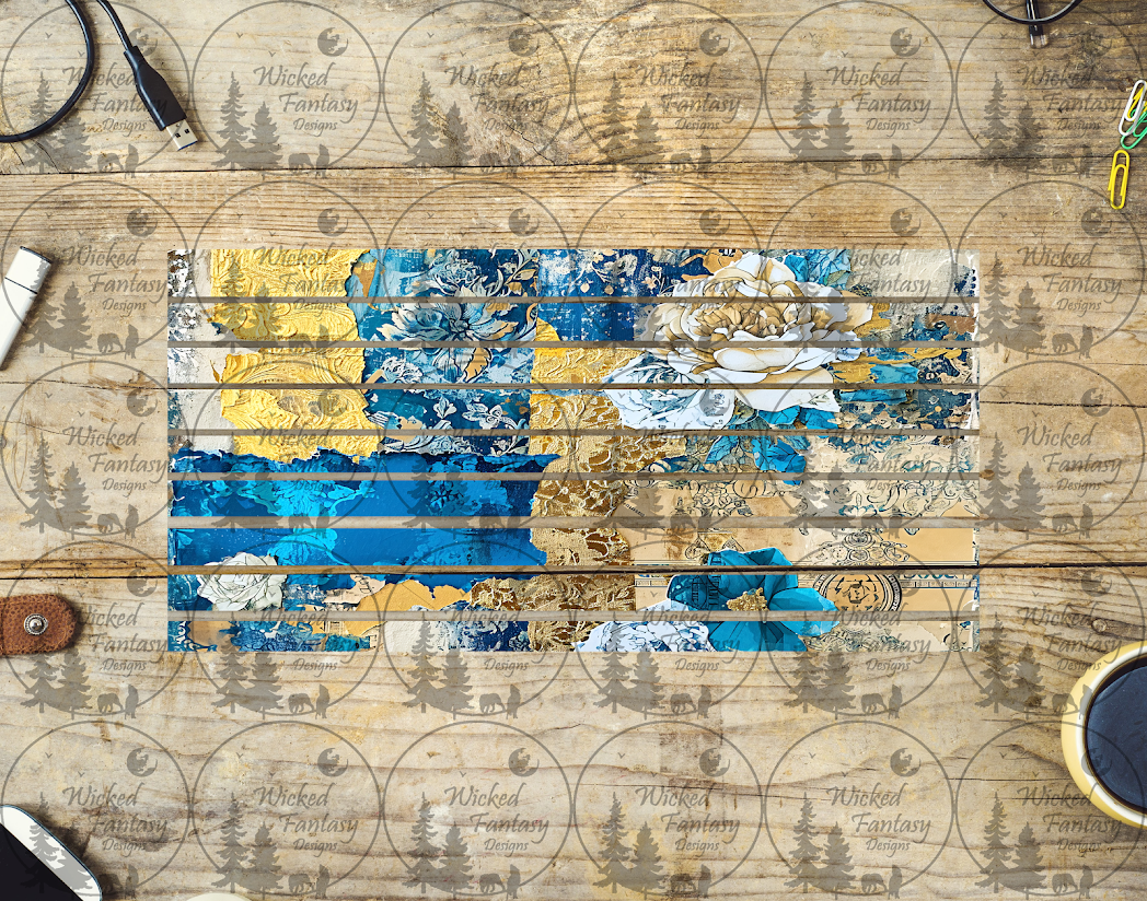 UVDTF Blue and Gold Floral Patchwork Striping 6x12" element