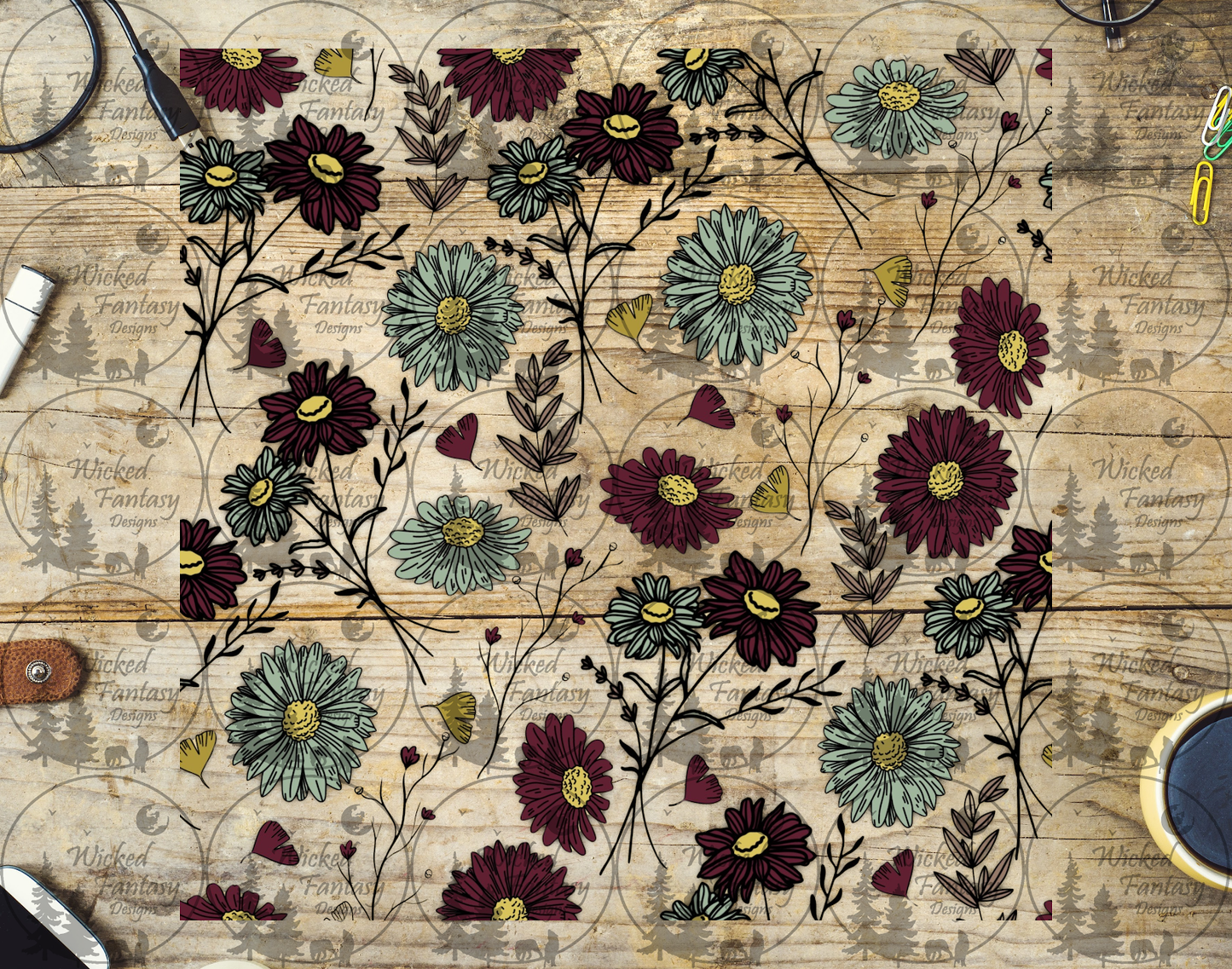 UVDTF Burgundy and Mint Daisies 20oz 30oz 10"x10"