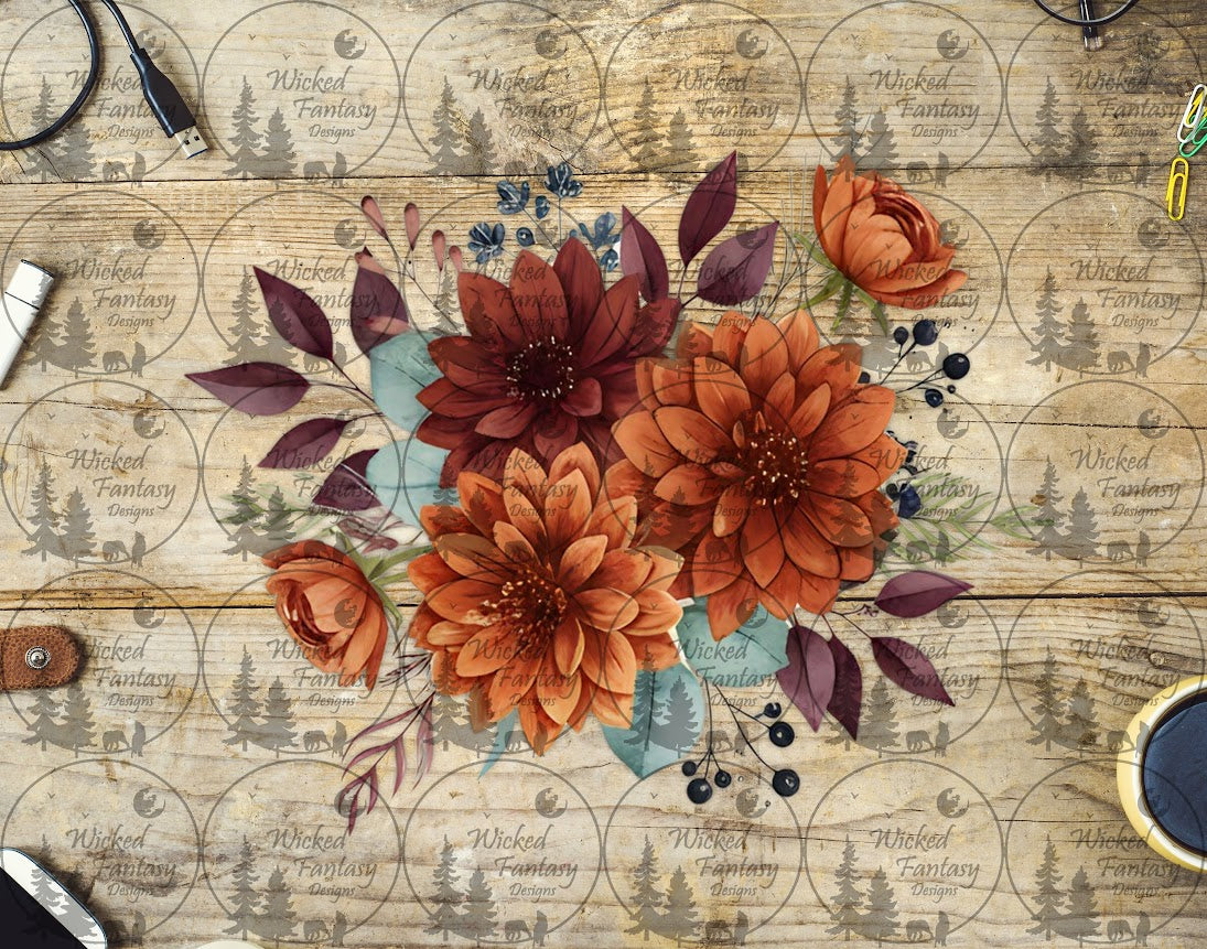 UVDTF Burgundy Rust and Orange Floral Arrangement