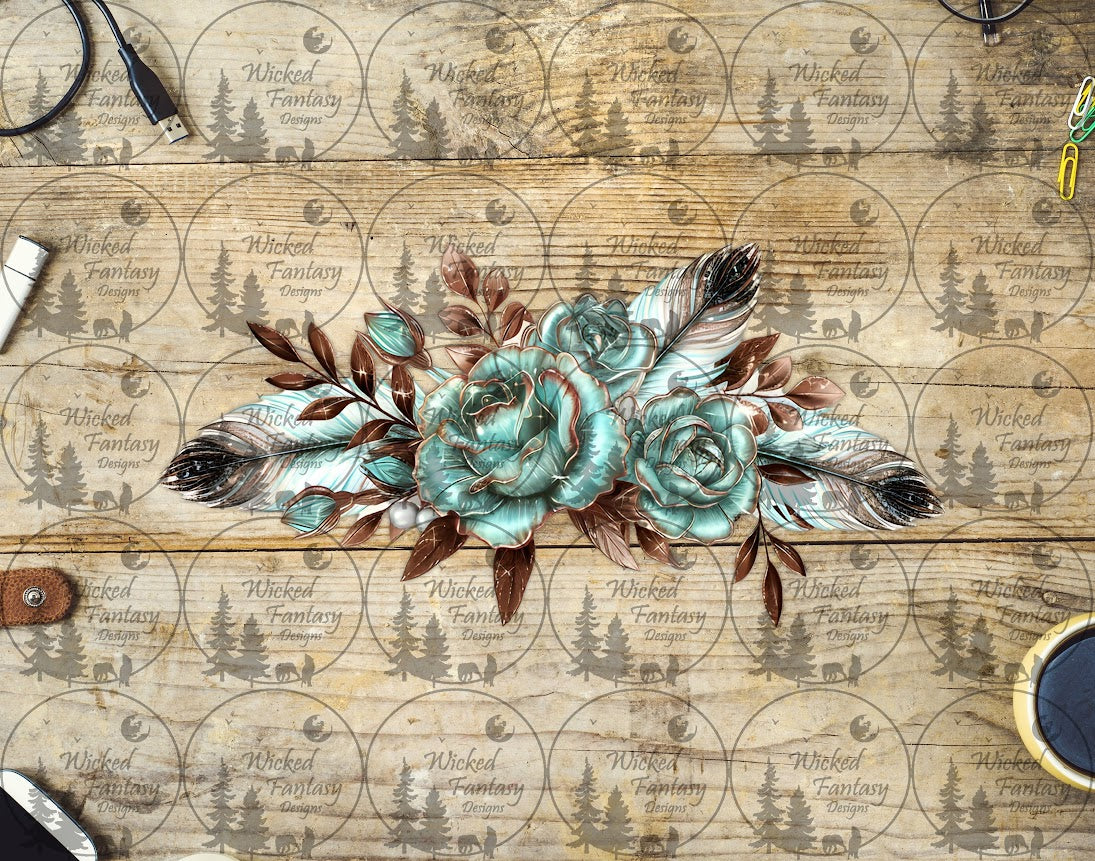 UVDTF Aqua Roses and Feathers 16oz 40oz