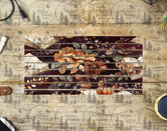 UVDTF Burgundy Autumn Floral with Books Striping 6x12" element