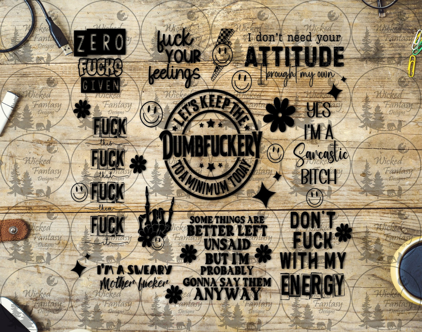 UVDTF Dumbf*ckery Sarcasm Collage 20oz 30oz 10"x10"
