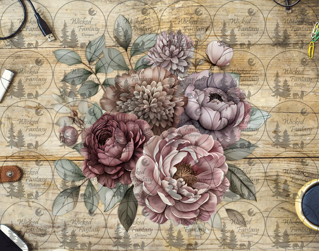 UVDTF Dusty Pink and Mauve Peonies ands Dahlia Floral Arrangement