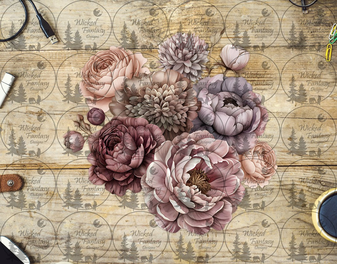 UVDTF Dusty Pink and Mauve Peonies ands Dahlia