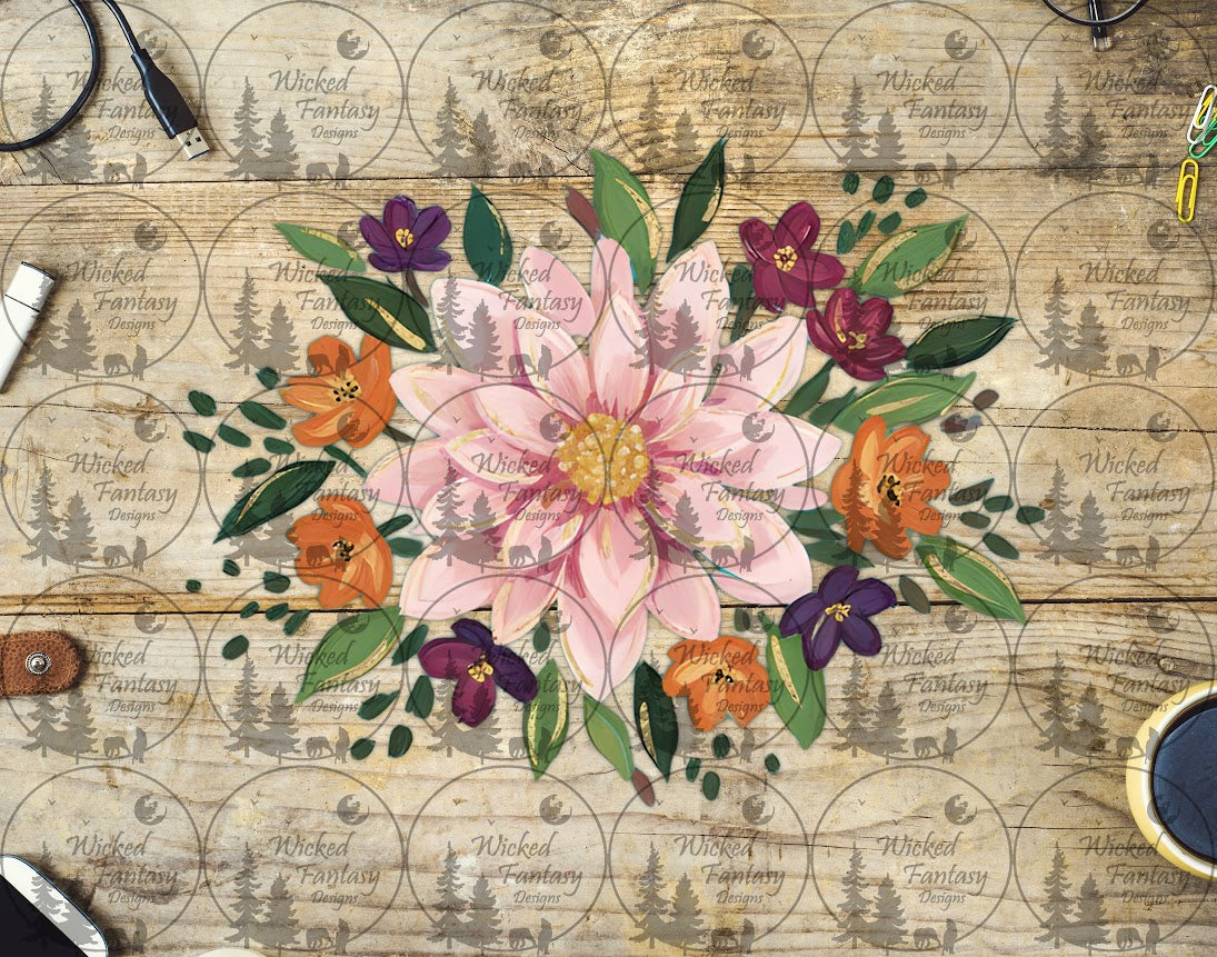 UVDTF Pink Daliah with Colorful Floral Wreath