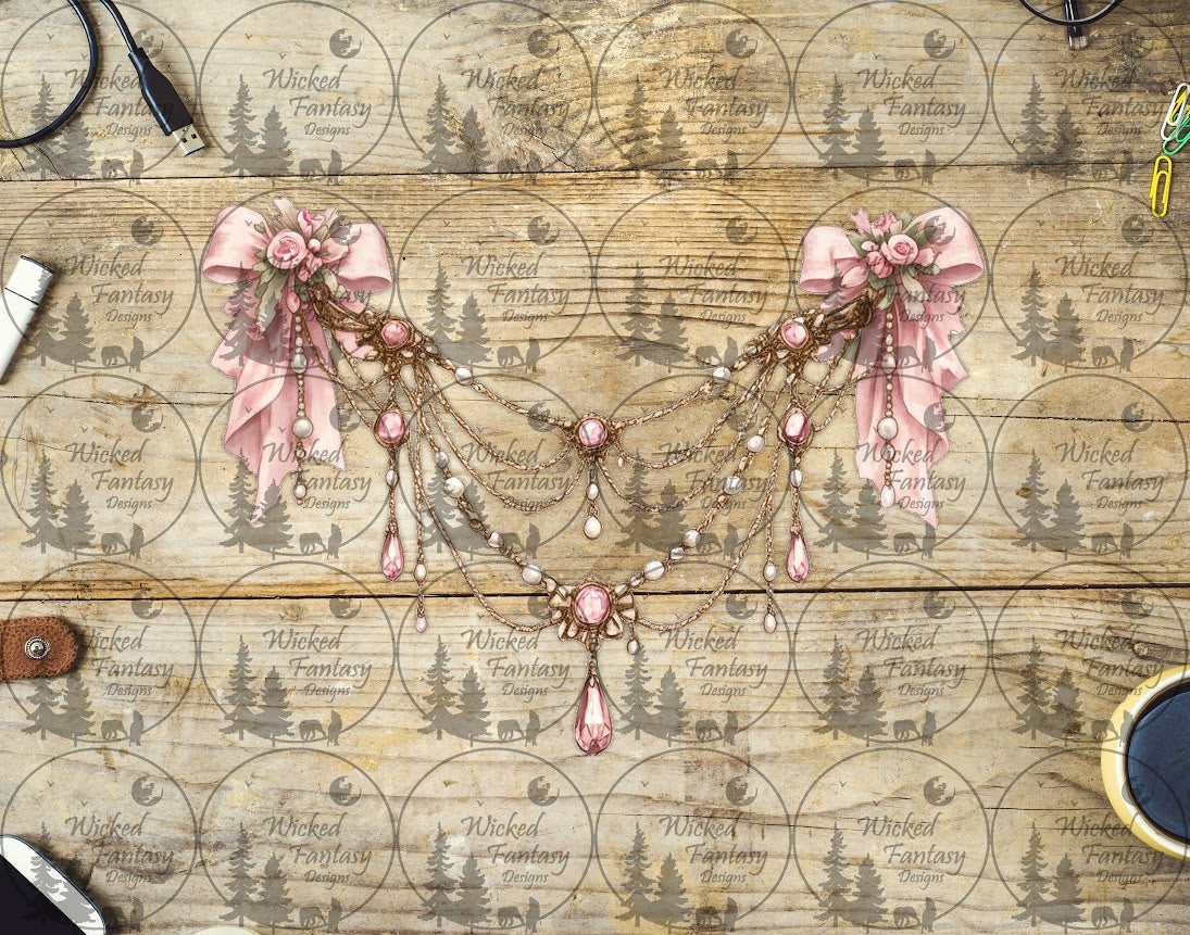 UVDTF Faux Draped Pearls Rose Quartz and Bows