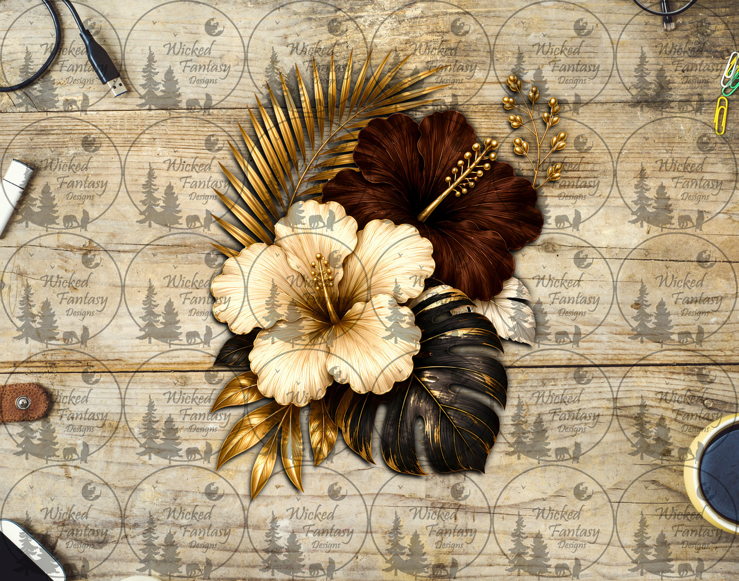 UVDTF Chocolate Ivory Hibiscus Floral Arrangement