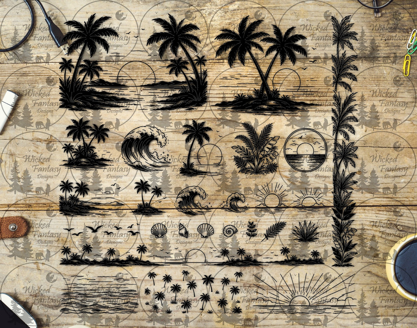 UVDTF Beach Palms Line Art Element Sheet