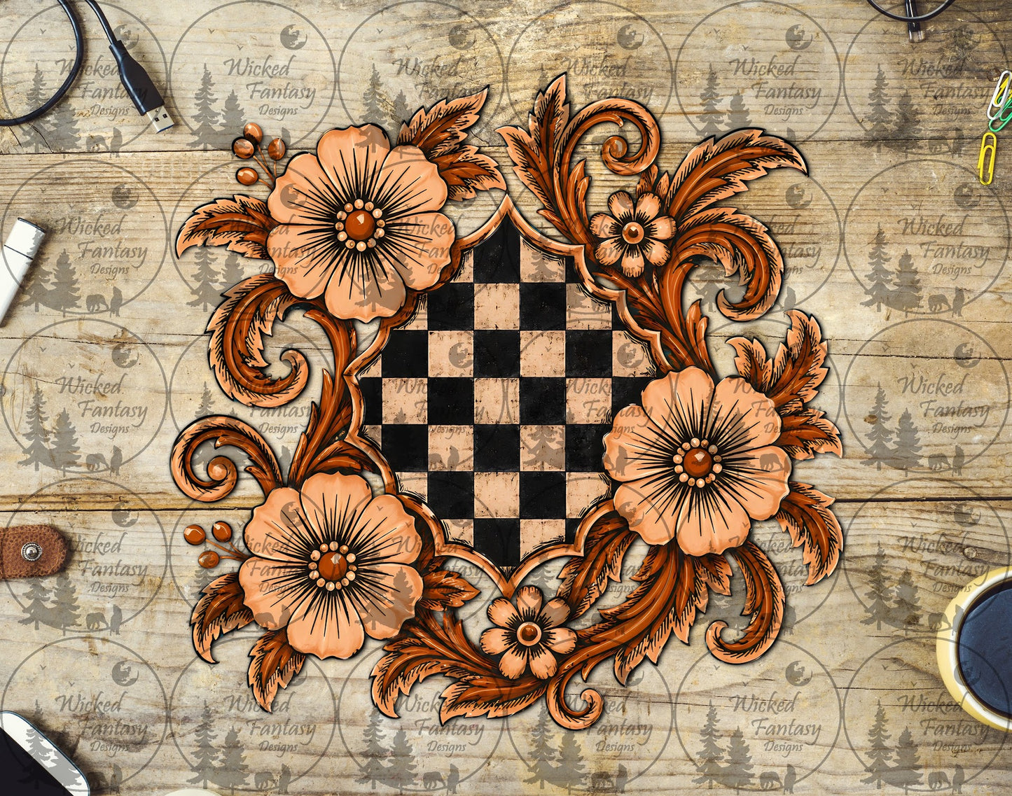 UVDTF Checkered Rust Western Florals