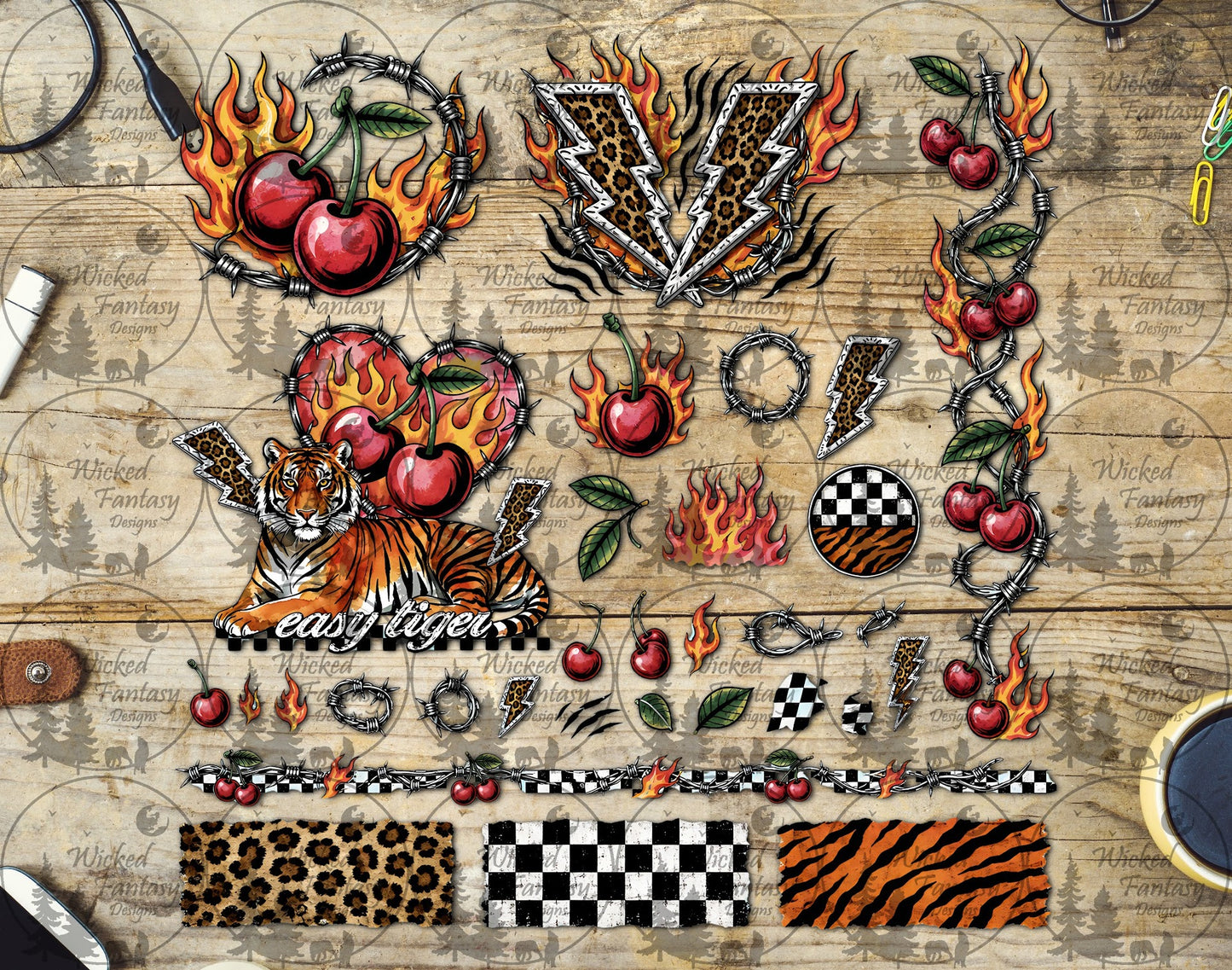 UVDTF Easy Tiger Barb Wire Cherries Multimedia Element Sheet