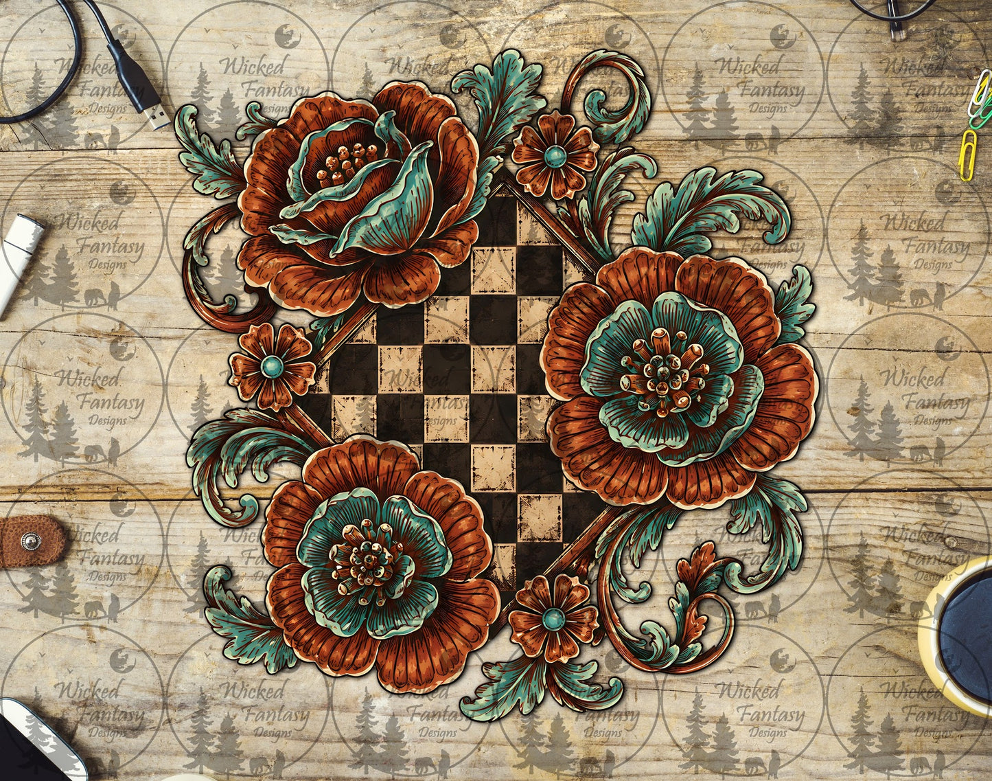 UVDTF Checkered Rust and Teal Western Florals