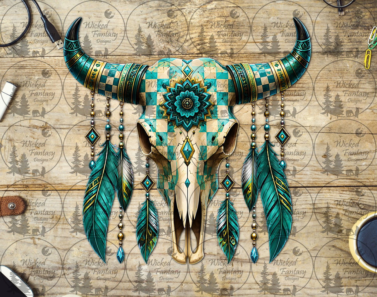 UVDTF Boho Aqua Checkered Cow and Feathers