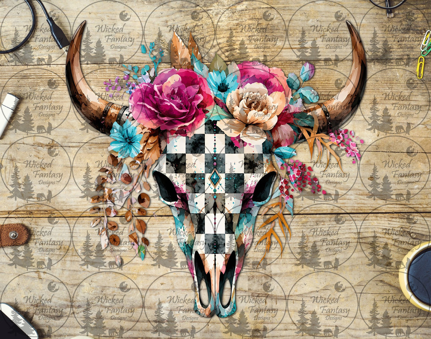 UVDTF Checkered Cow Skull with Bright Florals