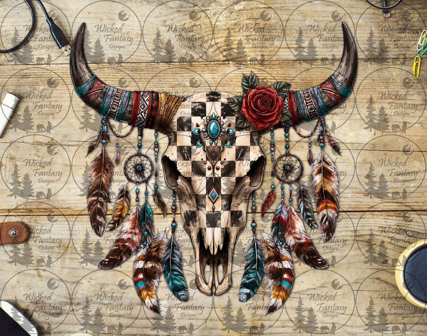 UVDTF Boho Checkered Cow Skull with Feathers and Scarves