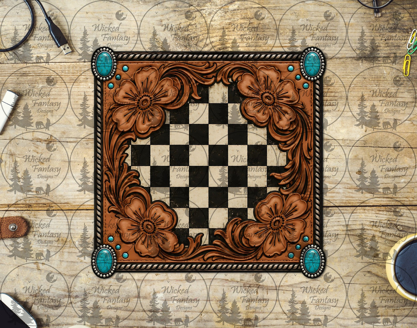 UVDTF Checkered Tooled Leather and Turquoise Patch