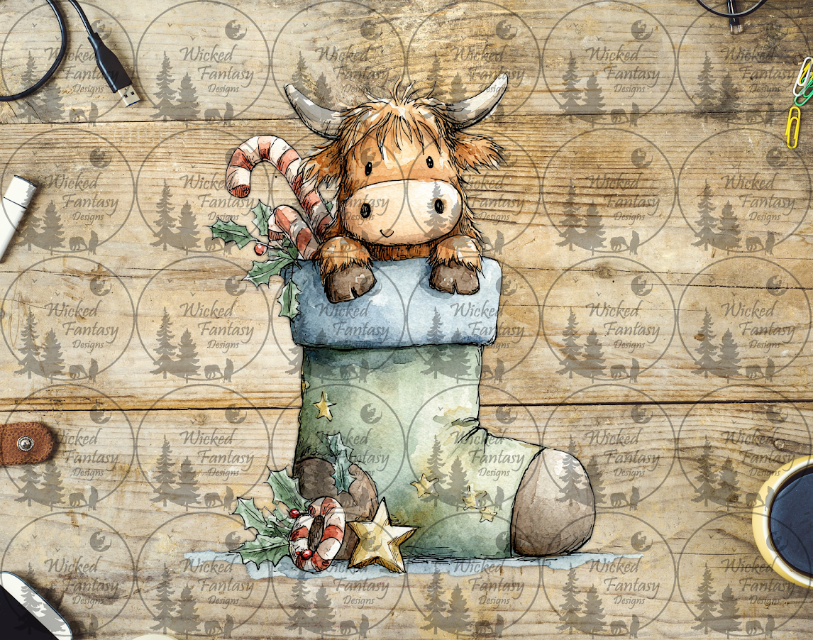 UVDTF Cute Highland Cow in a Green Stocking