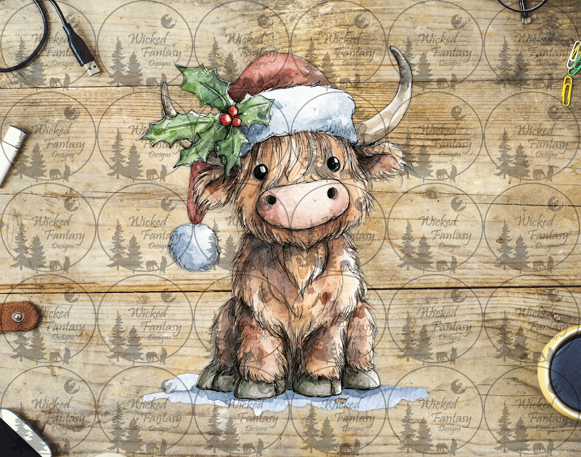 UVDTF Cute Highland Cow with Santa Hat