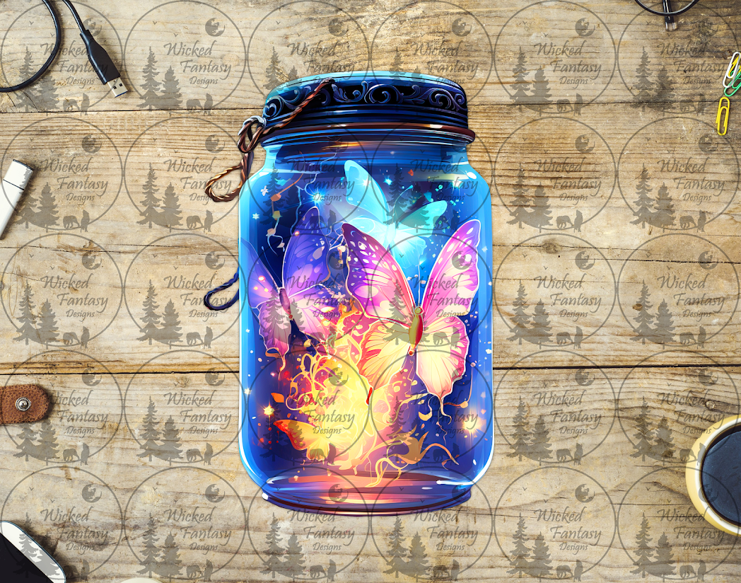 UVDTF Butterflies inside Pink and Blue Fairy Lit Mason Jar