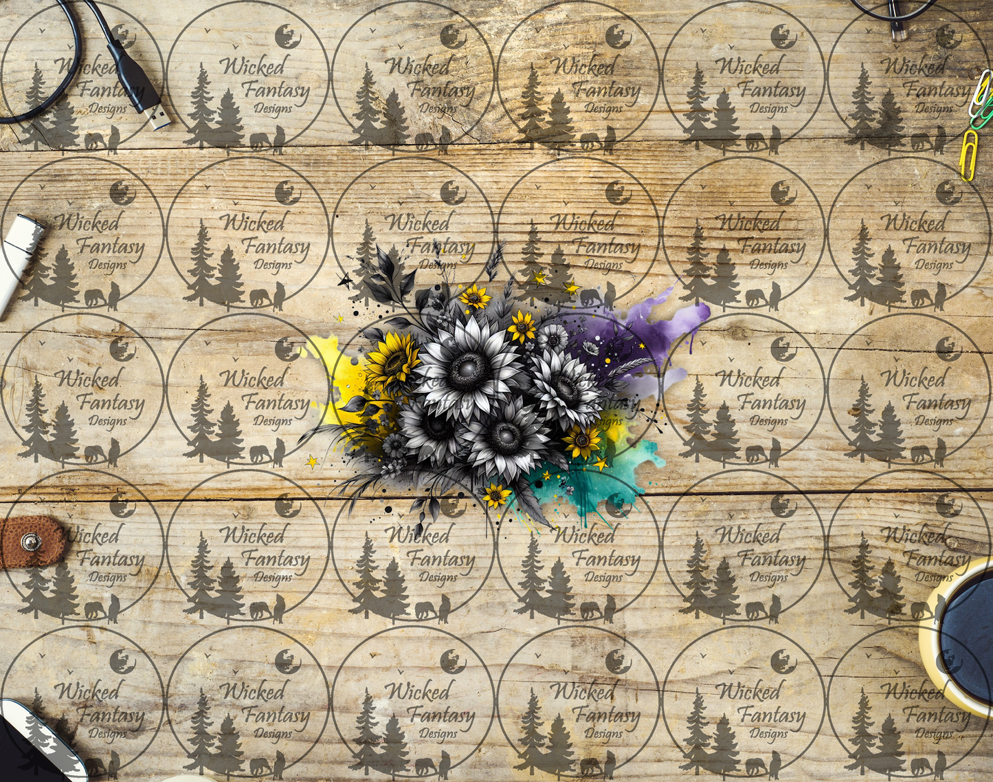 UVDTF Black and White Sunflowers with Bright Colorful Splashes