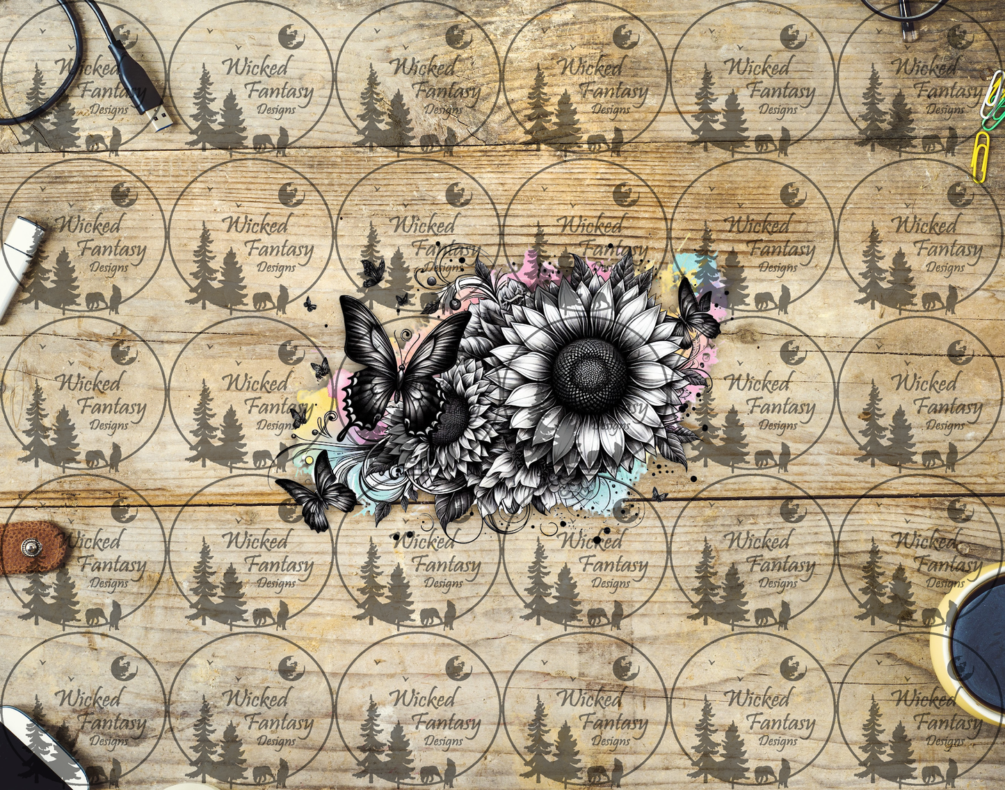 UVDTF Black and White Sunflowers with Pastel Background