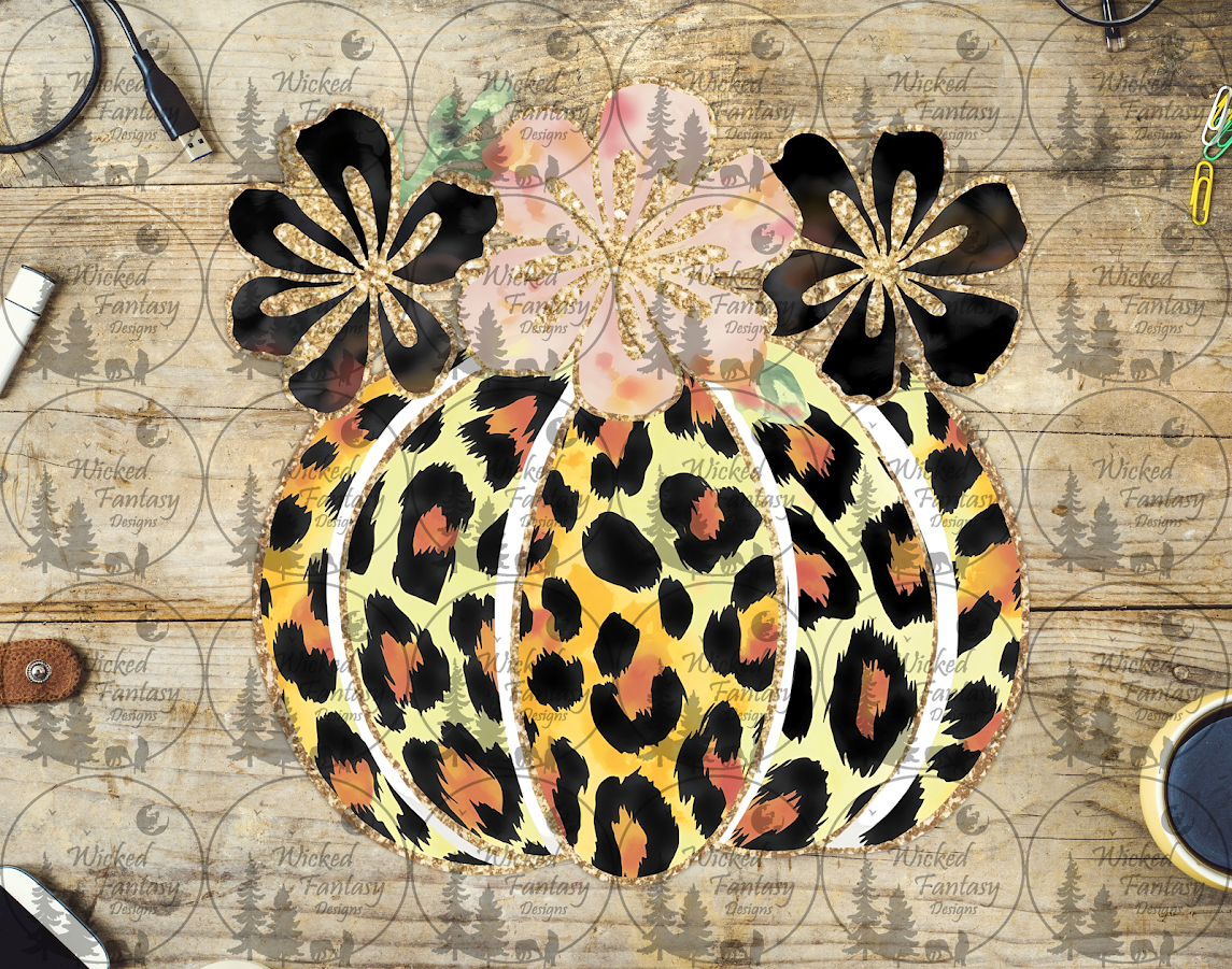 UVDTF Leopard Print Pumpkin with Pale Pink and Black Flowers
