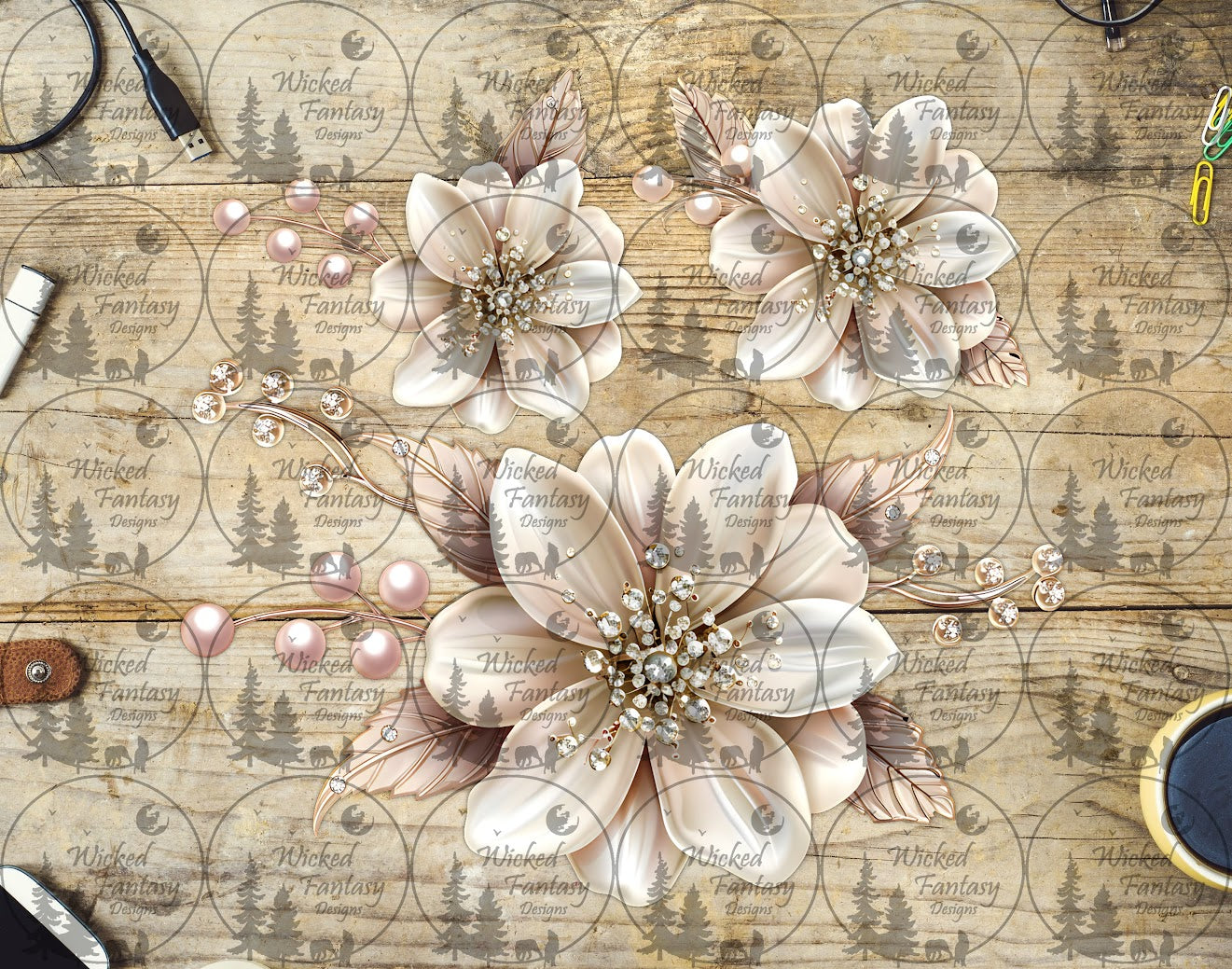 UVDTF Pearls and Rhinestone Ivory Flower Group