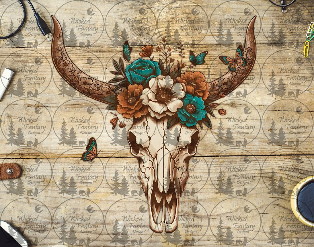 UVDTF Rust and Teal Floral Cow Skull and Butterflies