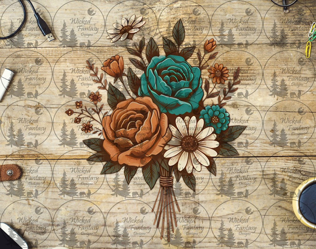 UVDTF Rust and Teal Floral Bouquet