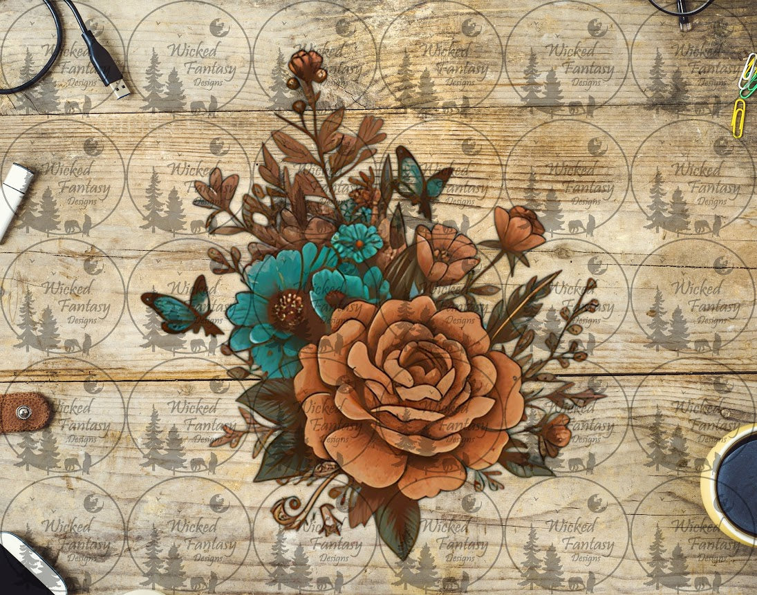 UVDTF Rust and Teal Floral with Butterflies
