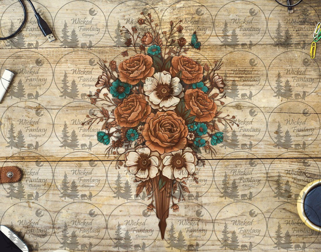 UVDTF Cream Rust and Teal Floral Crest