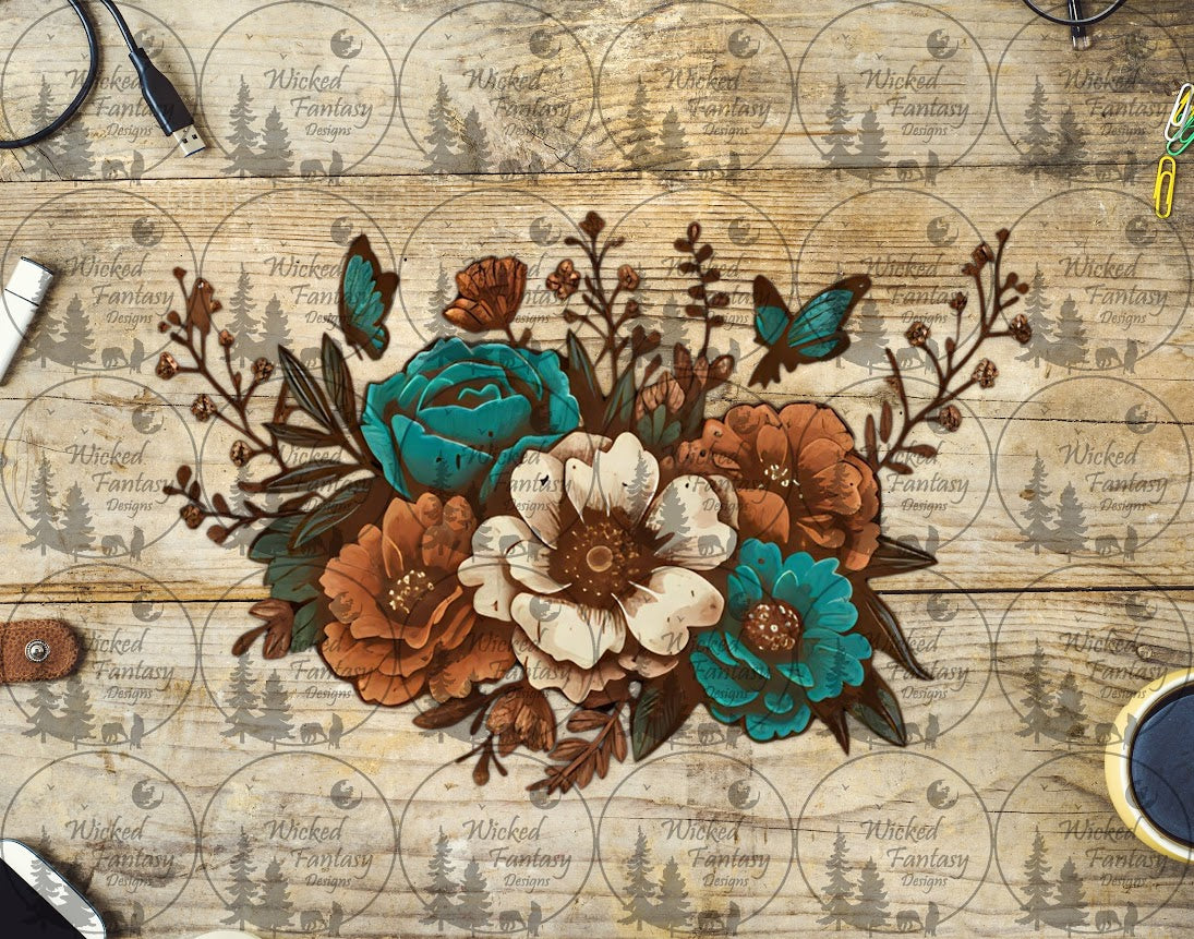 UVDTF Cream Rust and Teal Floral with Butterflies