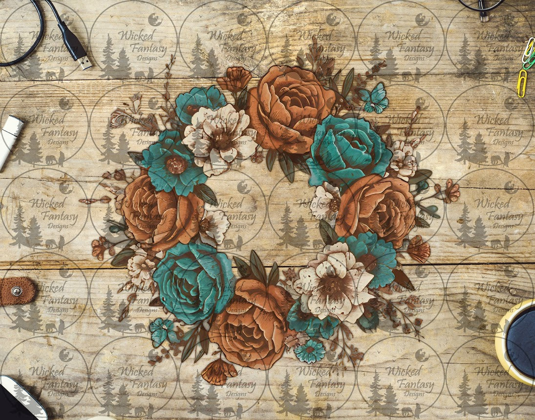UVDTF Cream Rust and Teal Floral Wreath