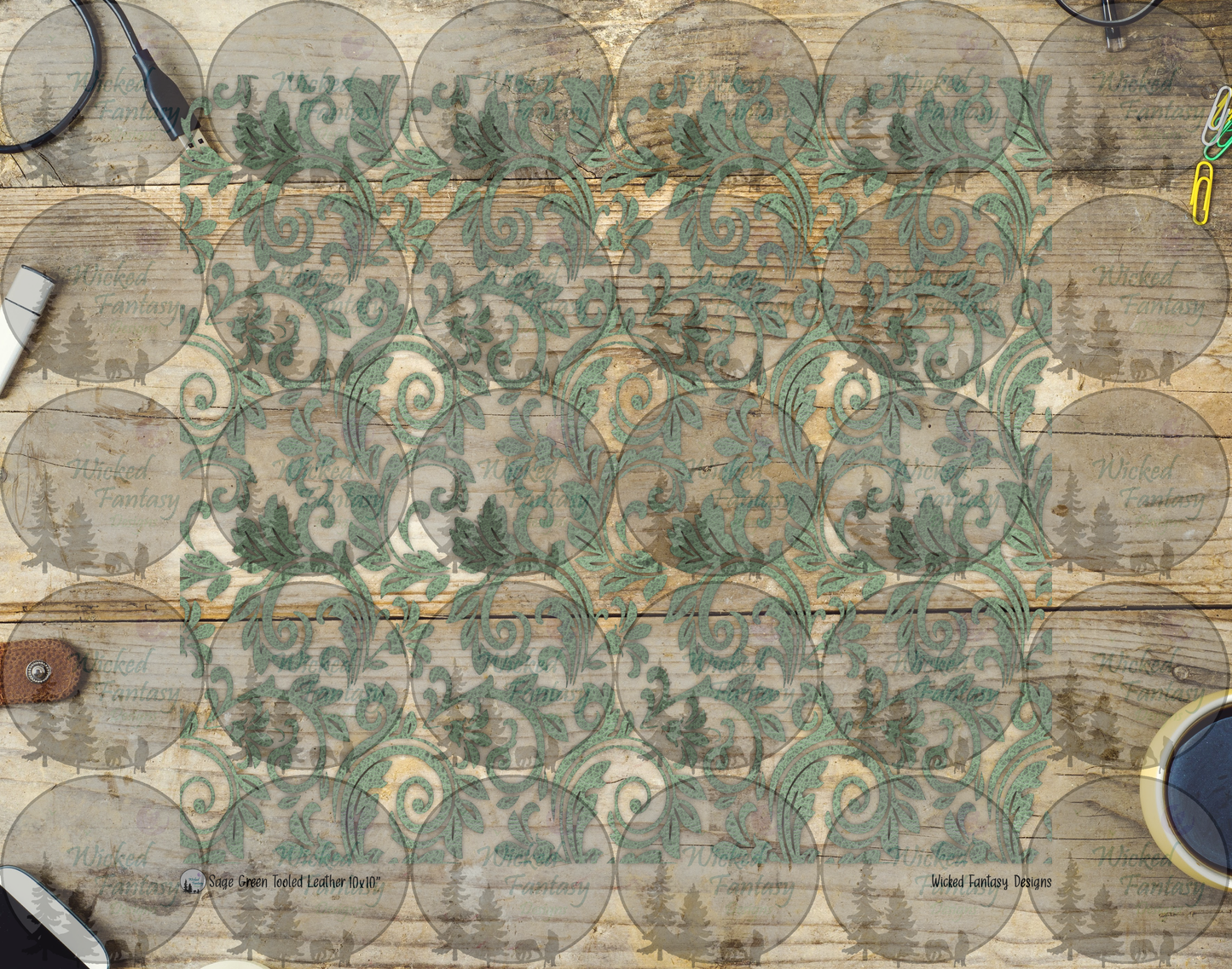 UVDTF Sage Green Textured Tooled Leather 20oz 30oz 10"x10"