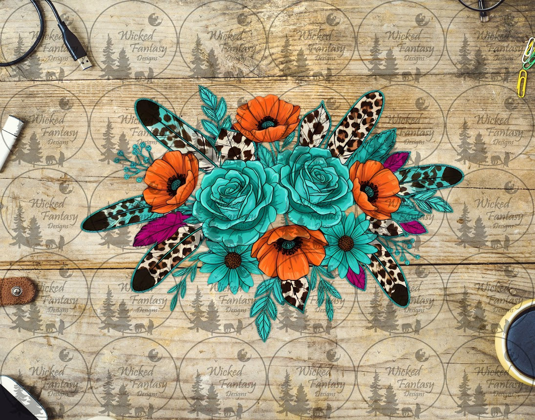 UVDTF Electric Turquoise Wildflower Leopard Print Bouquet