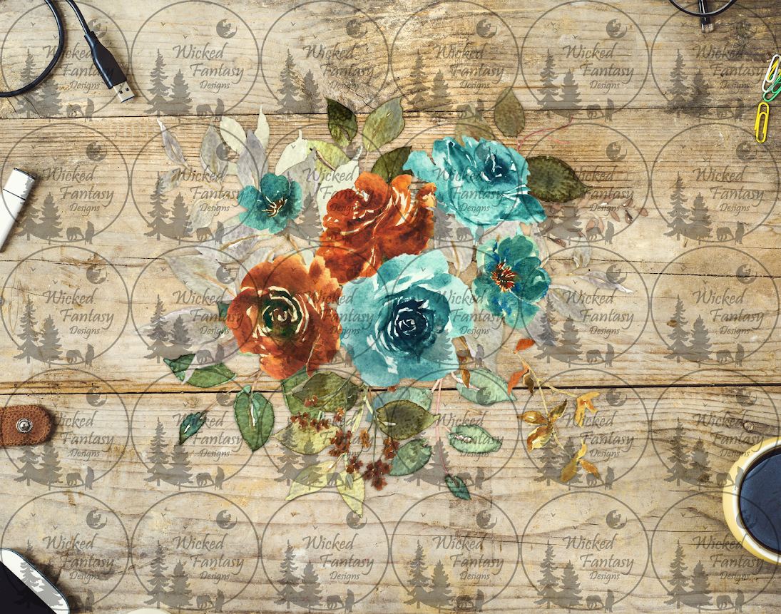 UVDTF Aqua Teal and Rust Flower Arrangement