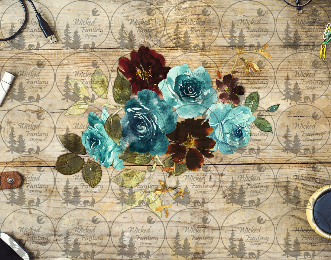 UVDTF Aqua Teal and Burgundy Flower Arrangement