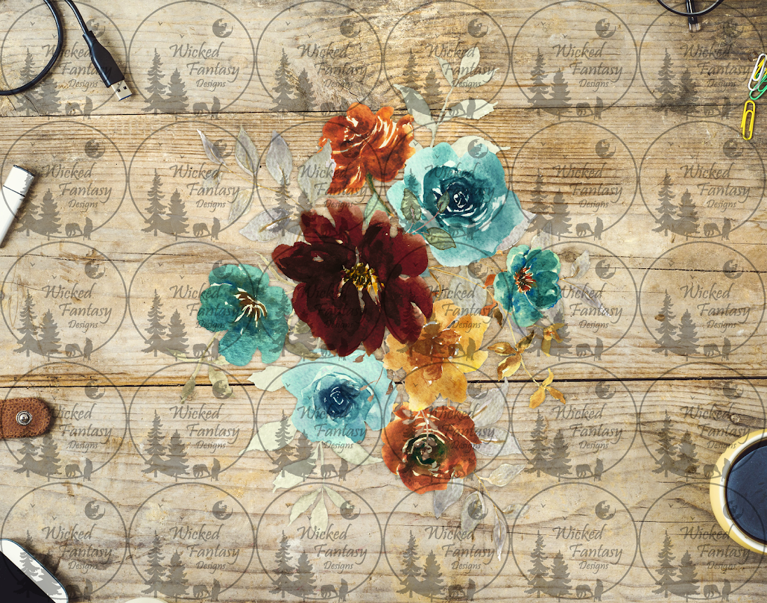UVDTF Teal Orange Burgundy Watercolor Floral Arrangement