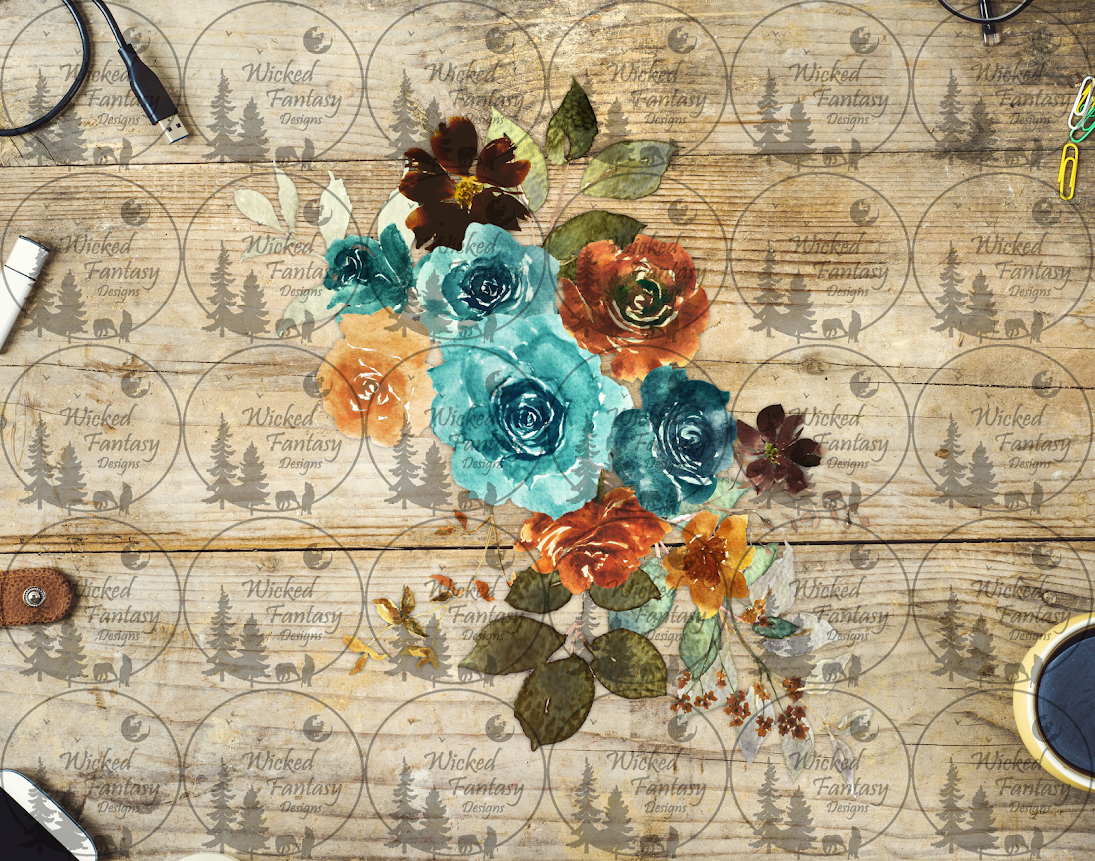 UVDTF Teal Orange Burgundy Watercolor Floral Arrangement