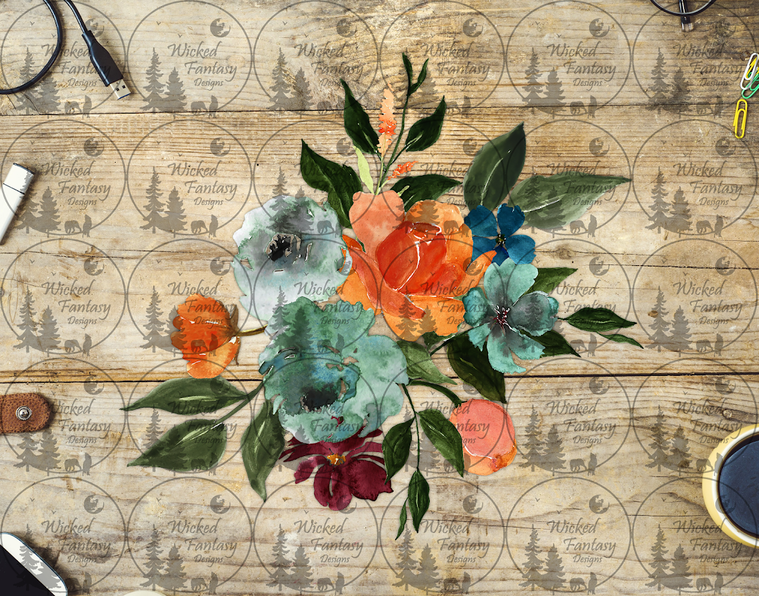 UVDTF Watercolor Blue Teal Peach and Burgundy Flower Arrangement