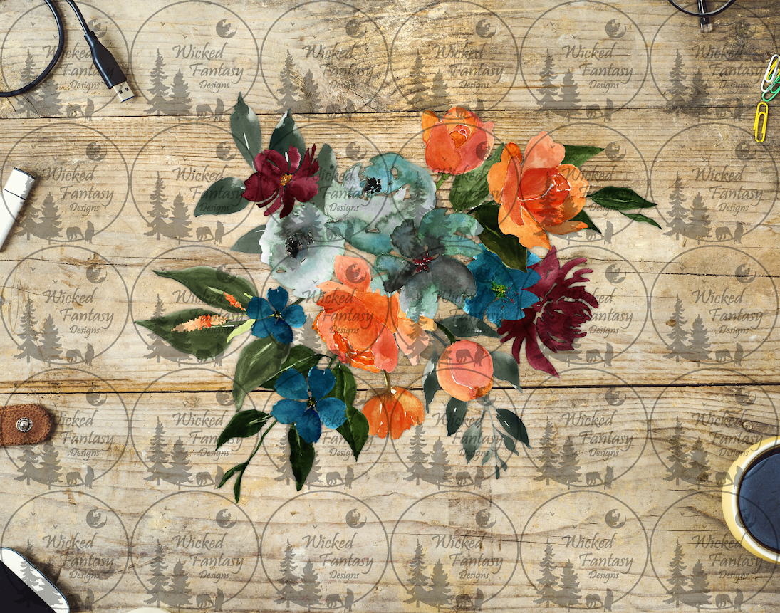 UVDTF Watercolor Blue Teal Orange and Burgundy Flower Arrangement