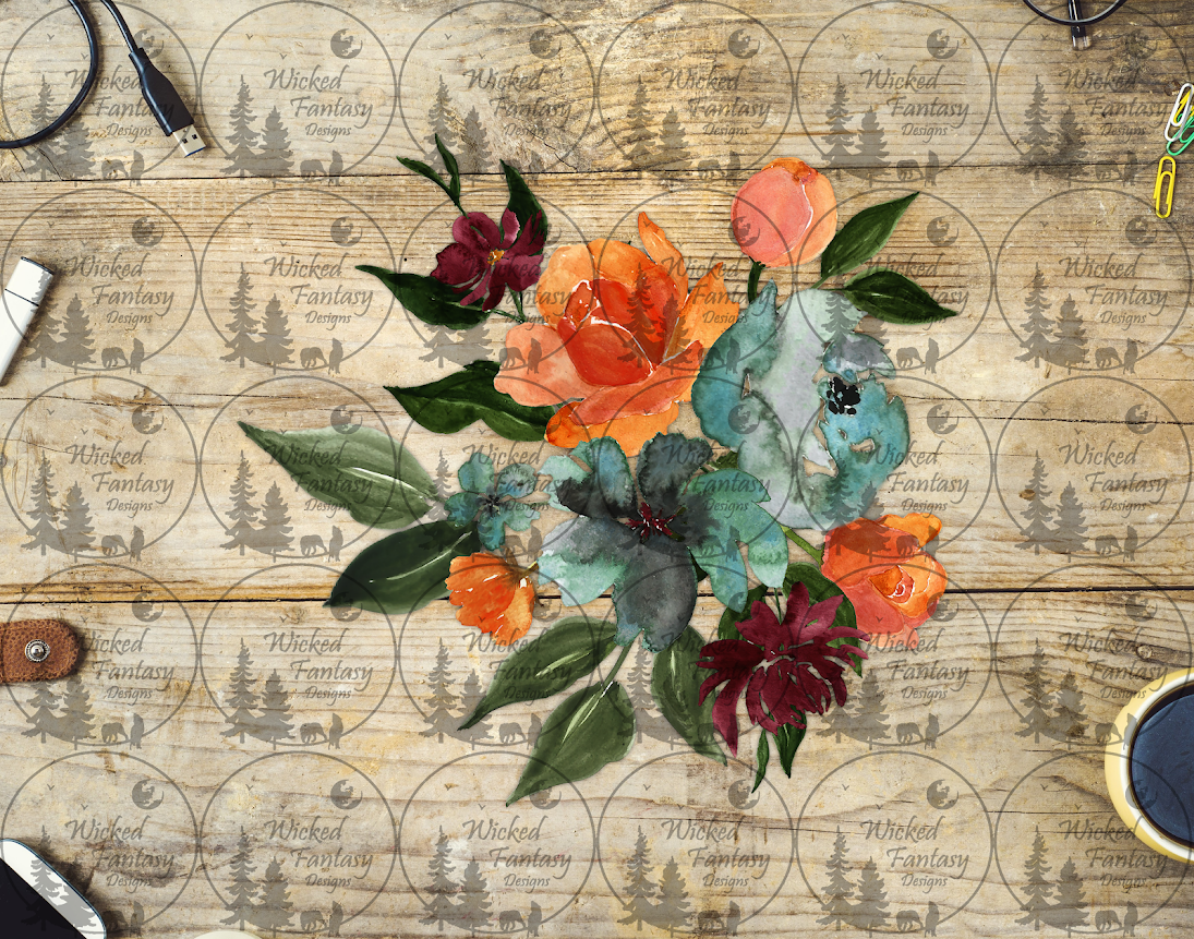 UVDTF Watercolor Teal Orange and Burgundy Flower Arrangement