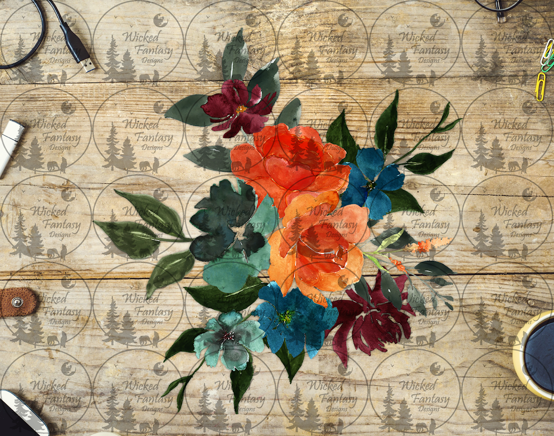 UVDTF Watercolor Blue Peach and Burgundy Flower Arrangement