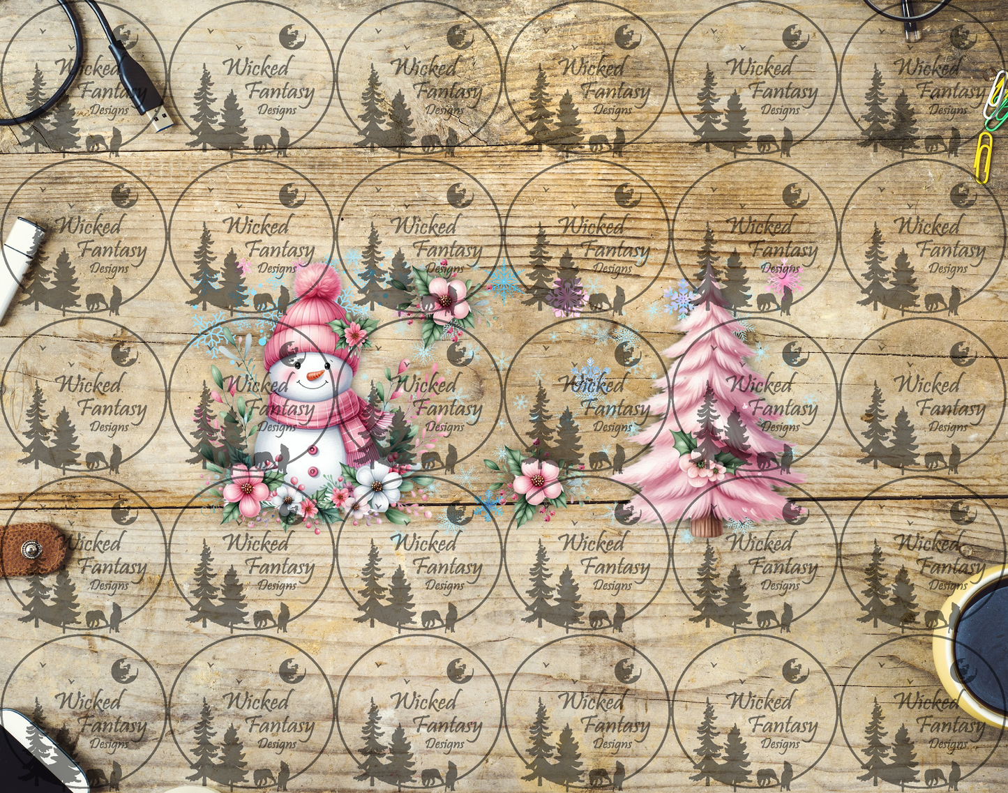 UVDTF Pink Snowman and Tree 16oz 40oz