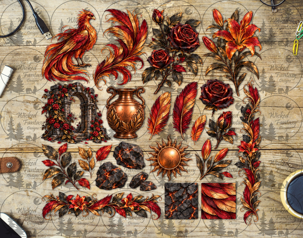 Phoenix and Autumn Botanicals UV DTF multimedia element sheet listing mockup