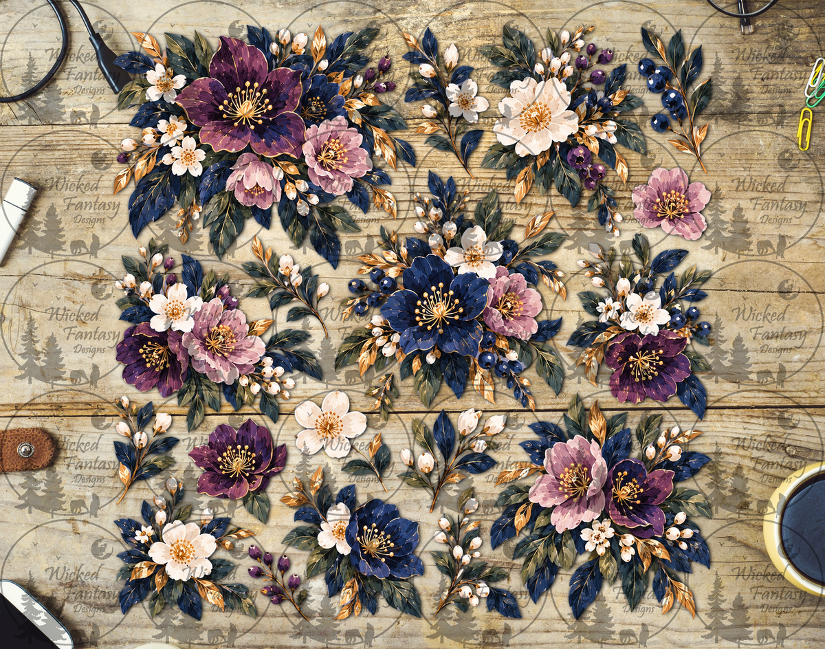 Celestial Violet and Cream Florals UV DTF multimedia element sheet listing mockup
