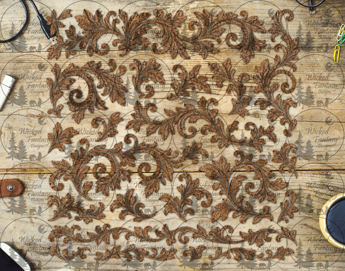 Brown Floral Scrollwork UV DTF multimedia element sheet listing mockup