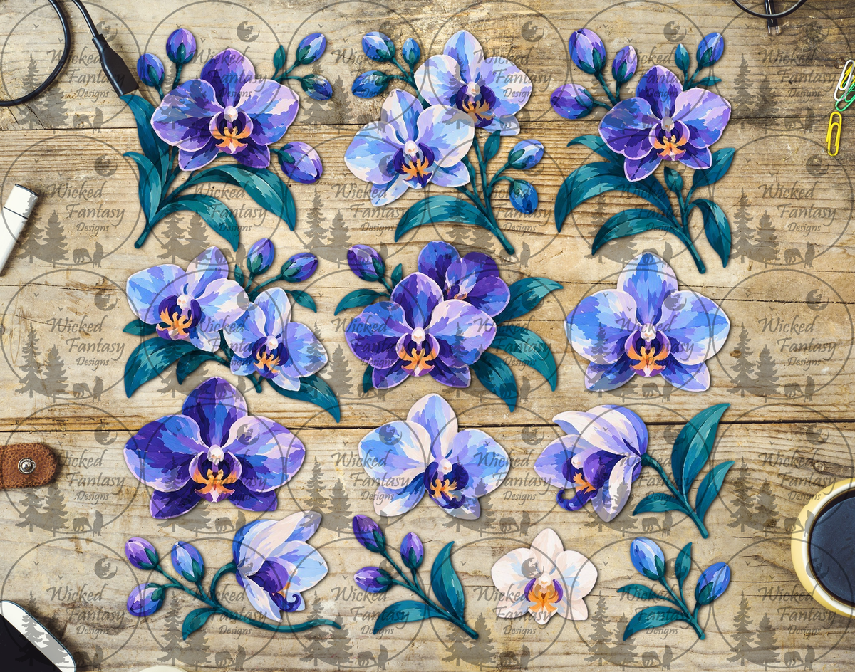 Indigo and Violet Orchids UV DTF multimedia element sheet listing mockup