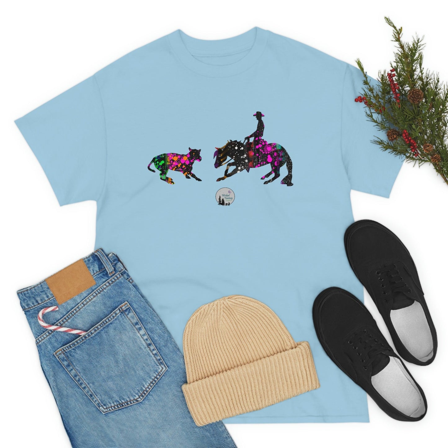 Neon Paint Splatter Cutting Horse Western Rustic Edgy Cute Heavy Cotton Tee