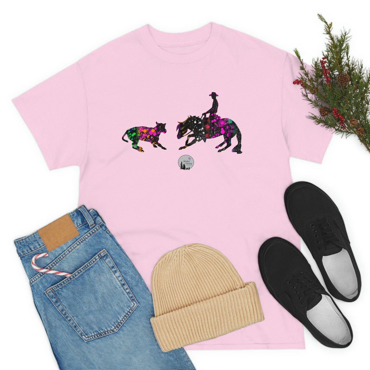 Neon Paint Splatter Cutting Horse Western Rustic Edgy Cute Heavy Cotton Tee